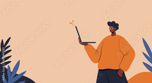 Modern illustration of a smiling young man using a laptop for remote work or online learning, featuring a clean design.