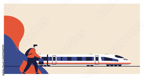 A modern high-speed train and a male traveler with a backpack and bag, representing efficient public transport for business and leisure journeys.
