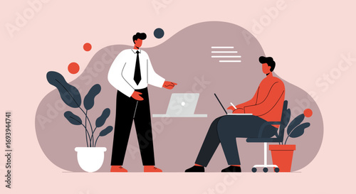 Two male colleagues collaborating on a project in a modern office. Illustrates teamwork, communication, and business productivity.