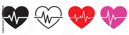 Four stylized heart shapes with electrocardiogram ekg heart rhythm lines inside