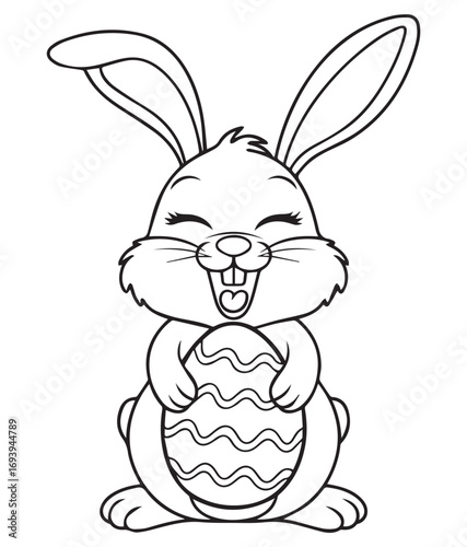 Joyful cartoon easter bunny holding a decorated egg with a happy expression and closed eyes