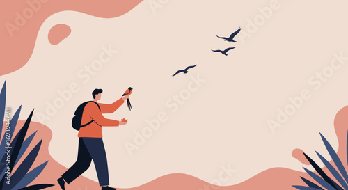 Hiker interacts with a wild bird in a peaceful natural landscape, offering food. Illustrates freedom, wildlife connection, and outdoor adventure.