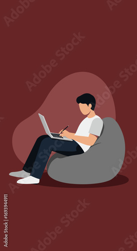 Relaxed individual working or studying on a laptop from a comfortable bean bag chair. Perfect for remote work, online learning, or modern digital lifestyle.