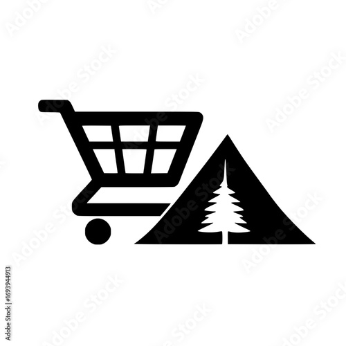 Camping Tent Icon Inside Shopping Cart for Adventure Travel and Outdoor Lifestyle Design
