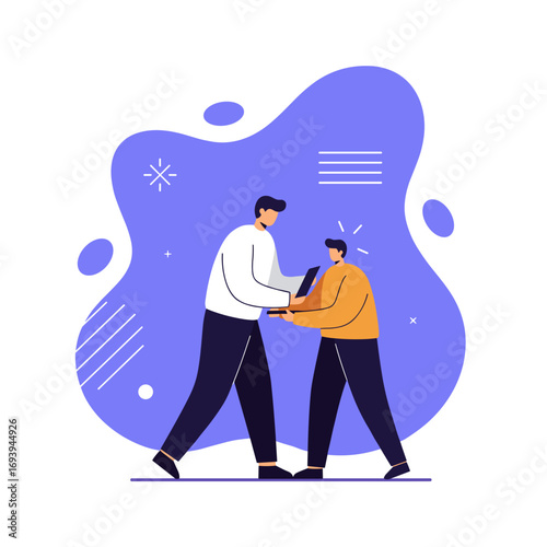Two men engage in digital collaboration, sharing information and sparking new ideas with a laptop. Illustrates teamwork, mentorship, and modern business communication.