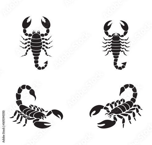 Four black silhouette scorpions in different poses on a white background