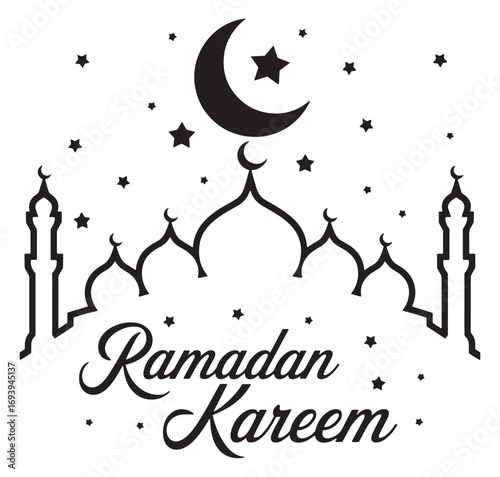 Ramadan kareem greeting with crescent moon stars and mosque silhouette illustration