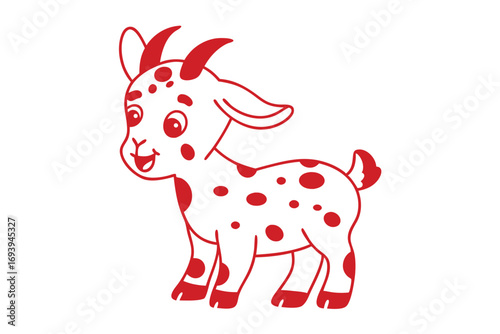 Cartoon goat with a red outline and spots smiles gently on a white background