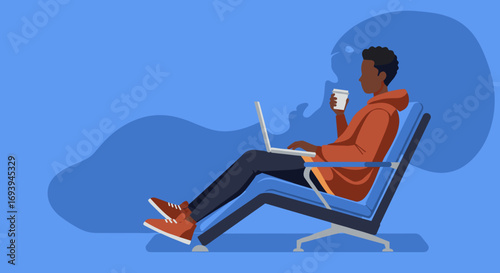 Young person casually working on laptop with coffee, showcasing remote productivity or digital learning. Lifestyle and technology concept.