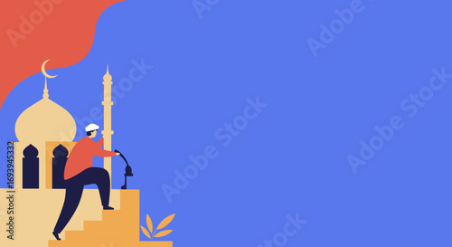Muslim man ascends stairs to a mosque with a lantern, symbolizing spiritual journey, devotion, and the festive spirit of Islamic holidays like Ramadan.