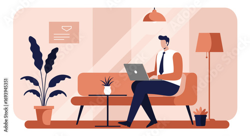 Professional man focused on his laptop, working from a comfortable, modern home office. Ideal for remote work, business, or digital lifestyle concepts.