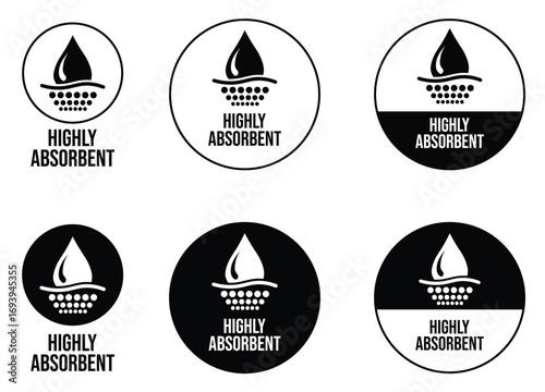 Highly absorbent or fast absorption icon set. Absorption label, logo, badge, symbol, emblem, line, flat vector, isolated illustration. Fast absorption label for product packaging design.