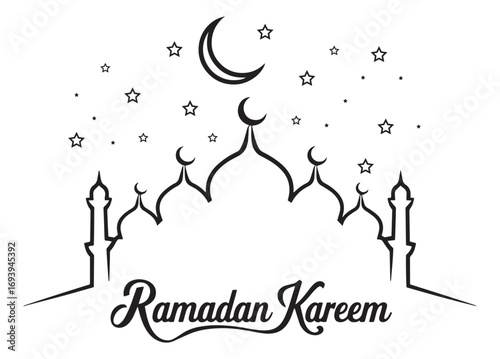 Ramadan kareem greeting with crescent moon stars and mosque silhouette in a sketch style