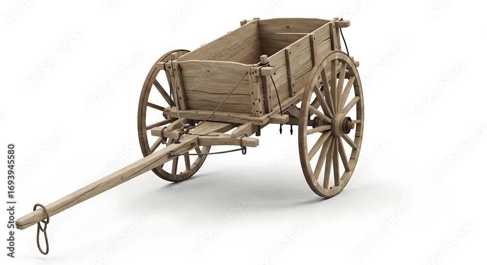 Fototapeta premium Old-fashioned wooden cart with rustic wheels and aged wood finish for vintage designs, historical illustrations, or countryside themes, evoking a sense of nostalgia