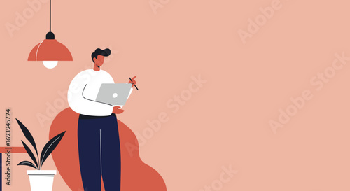 Modern man working remotely with a laptop and stylus in a minimalist home office setting, embodying digital creativity and productivity. Ideal for business and technology themes.