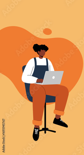 A focused person sits comfortably, working on a laptop in a modern, abstract digital environment. Ideal for themes of remote work, online education, or creative productivity.