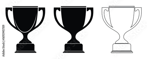 Trophy cup silhouette icon set for winner. Symbol of victory, success, achievement. Award prize for champion. First place in competition. Leadership concept. Vector illustration.