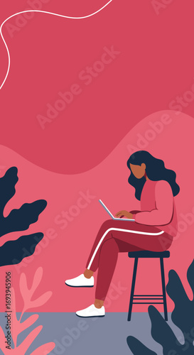 Young woman focused on her laptop, working remotely or studying in a modern, stylized environment. Represents productivity and digital lifestyle.