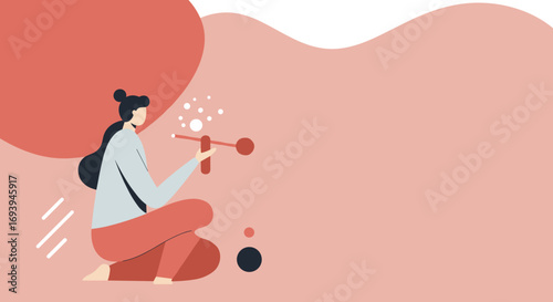 Woman in flat design style analyzing data with a scientific instrument, representing research, innovation, and problem-solving concepts.