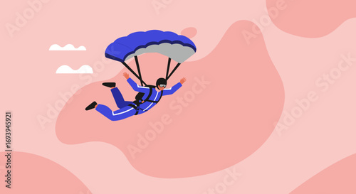 A person skydiving with an open parachute against a vibrant pink sky. This image captures adventure, freedom, and extreme sports, suitable for travel or lifestyle content.