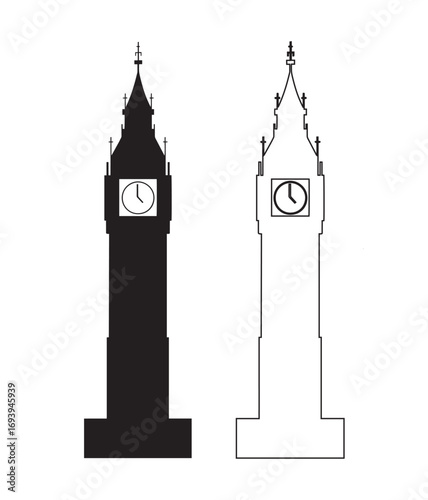 Iconic big ben clock tower silhouette and outline against white background london landmark