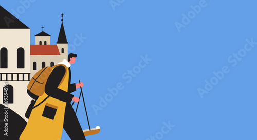 Illustrated traveler with backpack and poles explores historic European city buildings under a bright blue sky, embodying adventure and discovery.