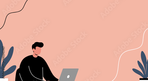 Illustration of a person working on a laptop in a modern, minimalist setting, representing remote work, online learning, or digital productivity. Ideal for business and lifestyle themes.