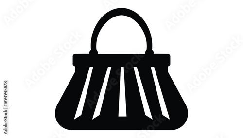 Simple black silhouette of a vintage handbag with a curved handle and pleated design