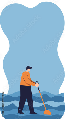 Man in boots using a tool in wavy water, depicting flood cleanup, environmental protection, or a challenging task.