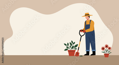 Stylized illustration of a gardener man with a shovel and potted plants, ready for spring planting. Ideal for gardening, nature, or lifestyle concepts with copy space.