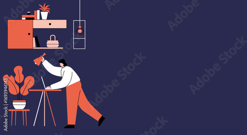 Person working on laptop, holding megaphone. Represents digital communication, marketing, remote work, or promoting online business from a home office.