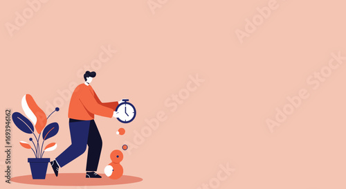 Man walking and holding a clock, symbolizing time management, productivity, and deadlines in a modern business or personal concept illustration.