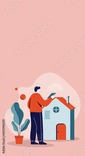 Man using a tablet to remotely control a smart home system, showcasing modern lifestyle, digital connectivity, and convenience.