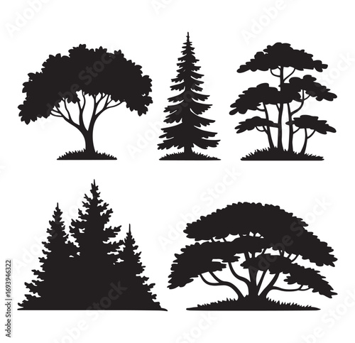 Collection of diverse tree silhouettes representing various species and forest scenes in black and white