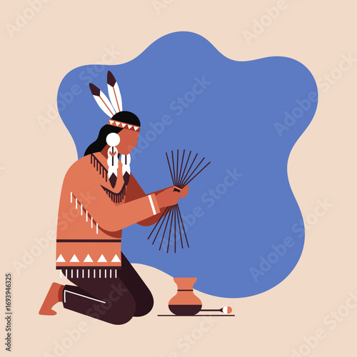 Indigenous person in traditional attire, kneeling and meticulously crafting with natural materials. Emphasizes cultural heritage, traditional arts, and authentic craftsmanship.