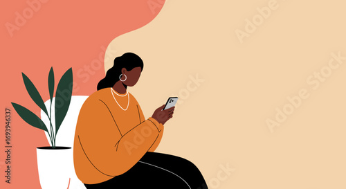 Black woman casually using her smartphone, engaging with digital content in a modern, serene setting. Ideal for lifestyle, communication, or technology themes.
