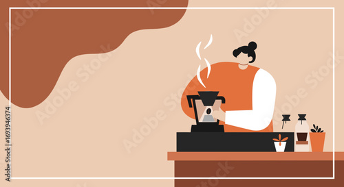 Stylized illustration of someone making fresh, steaming pour-over coffee. Captures the essence of morning rituals, cafe culture, and quality beverages.