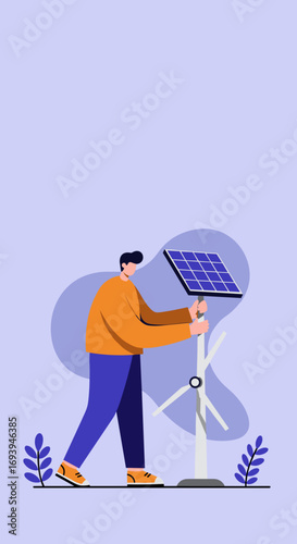 Person working with a solar panel and wind turbine, symbolizing sustainable energy and environmental care for a greener future. Renewable power concept.