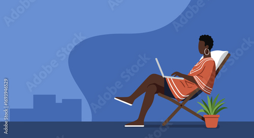 Relaxed Black woman working on laptop in a deck chair outdoors, symbolizing remote work, digital nomad lifestyle, and flexible career.