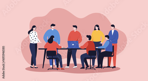 Diverse business team collaborating in a modern office meeting, discussing strategy and ideas for professional growth and corporate success.