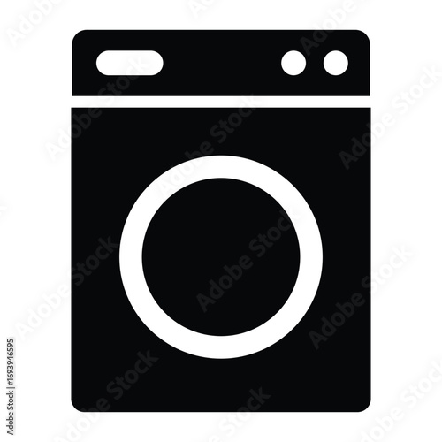 Simple black and white icon representing a modern front loading washing machine appliance
