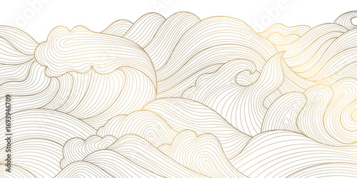 Elegant vector illustration in oriental style with golden waves, abstract lines, and geometric ornaments, minimalist and luxury. The Japanese, Chinese inspired background with ocean, sea, river