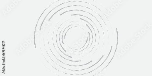 Minimalist abstract image featuring concentric dotted circles in shades of grey on a light background, creating a modern and tech-inspired circular pattern. vector