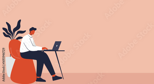 Young man working remotely on laptop at home in a relaxed, comfortable setting. Ideal for business, freelance, or online learning concepts.