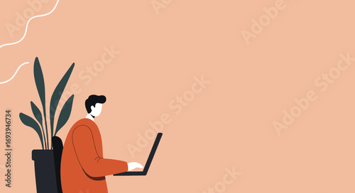 Stylized man focused on laptop work in a modern home office with a plant. Captures remote productivity, online business, and digital lifestyle.