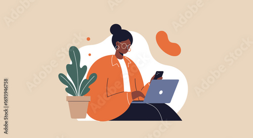 Focused woman multitasking, working remotely with a laptop and smartphone in a modern, productive environment. Ideal for business, freelance, or digital lifestyle concepts.