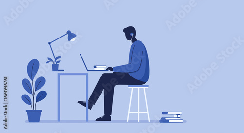 A focused man works remotely on a laptop, wearing earphones in a calm, modern home office. Ideal for concepts of productivity, online learning, or flexible work.