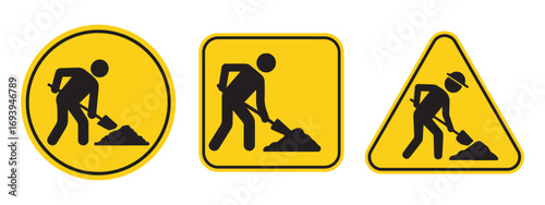 Under construction warning sign. Road works sign. Attention, road works are underway. Road safety and prevention of accidents during road construction. Vector Illustration.