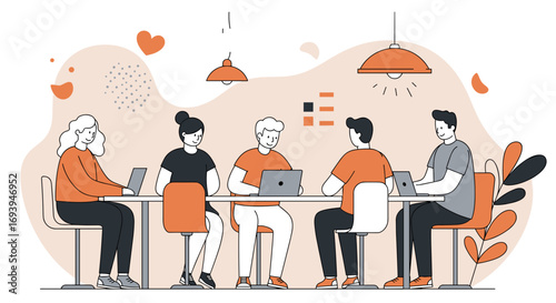 Diverse team collaborates efficiently at a modern office, utilizing laptops for productive work and successful project development. Ideal for business and tech concepts.