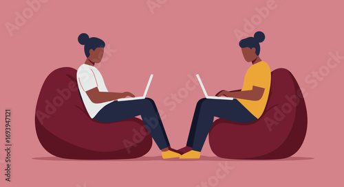 Two people comfortably work on laptops from bean bag chairs. Illustrates remote work, online learning, digital collaboration, and modern, flexible lifestyle.